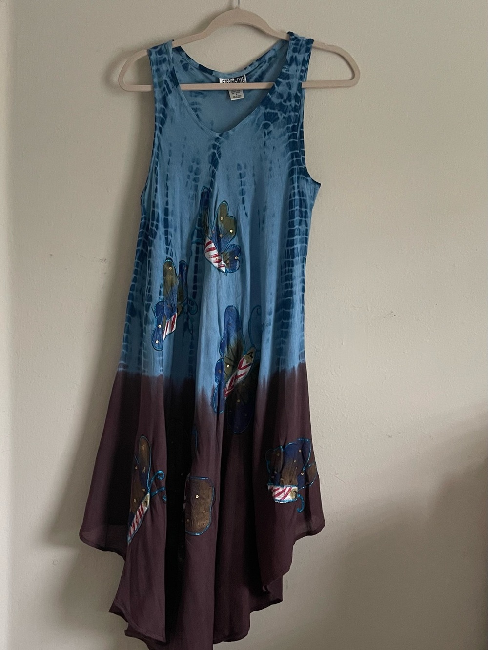Sleeveless Asymmetrical Blue and Brown Hand-Painted Dress